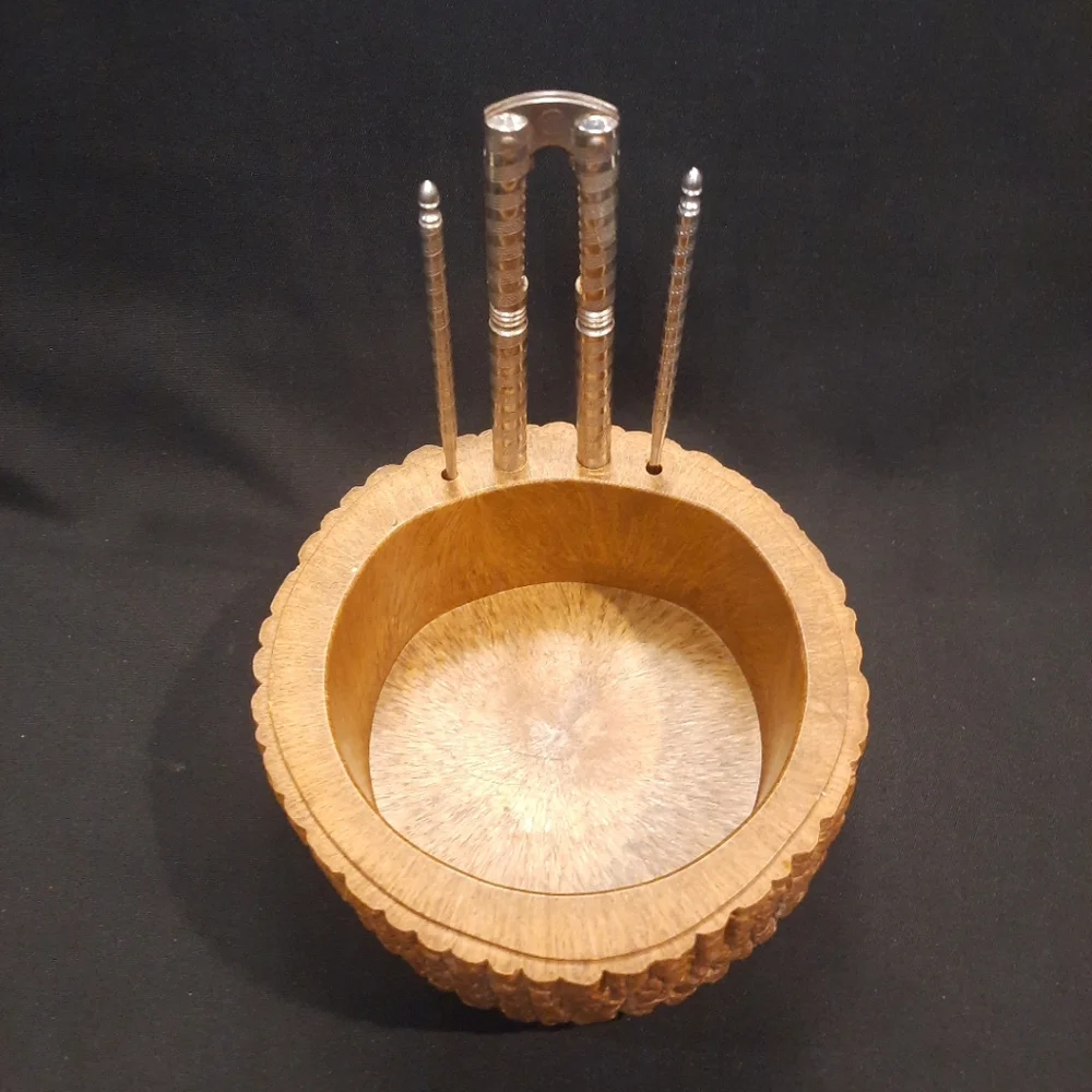 Faux Tree Bark Nut Bowl Dish w/Metal Nut Cracker & 2 Picks